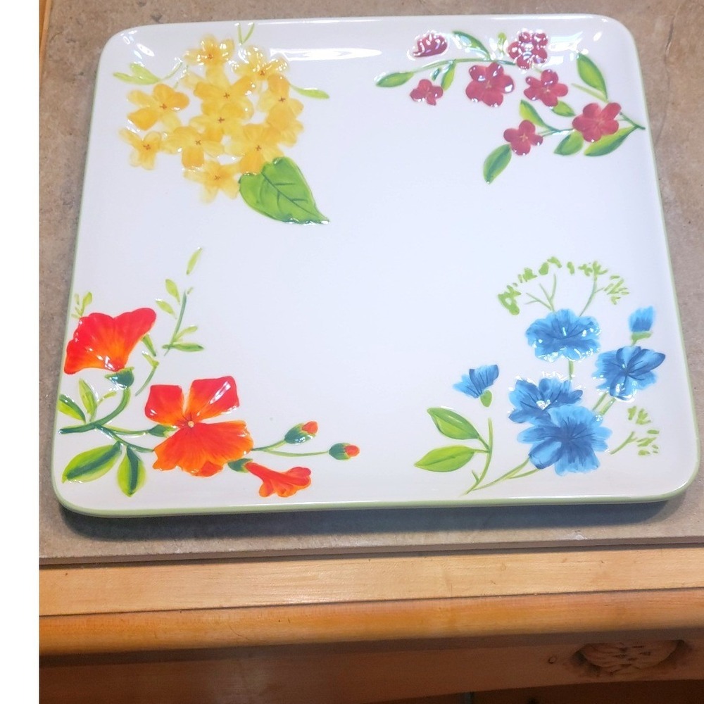 Home Studio Garden Bouquet Square Floral Platter Ceramic 12 Inch White Serving